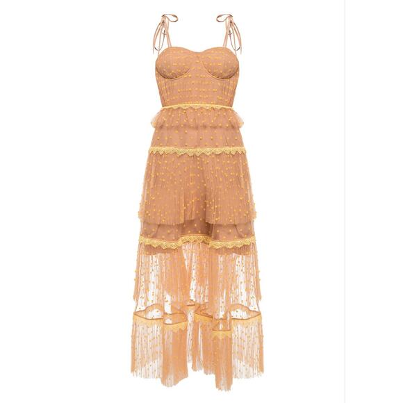 Self-Portrait Tulle Swiss Dot Dress Size 4 Nude Chiffon Yellow Tiered NEW  $530